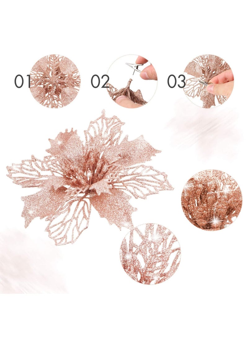 SYOSI 10 Pack Rose Gold Glitter Poinsettia Flowers Tree Ornaments for Christmas Decoration - Image 3